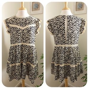 By Together Animal Print Lace Tiered Tunic Mini Dress Black Cream Medium